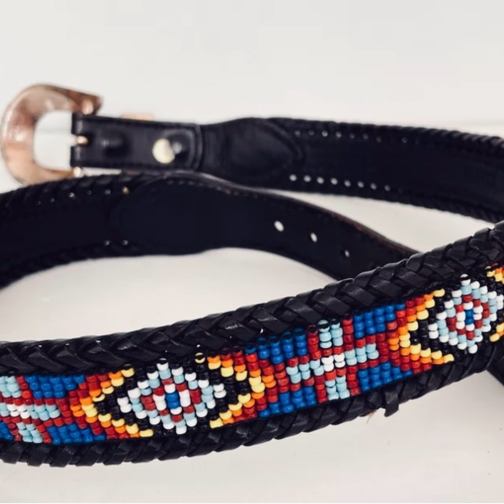 Brighton Black Braided Leather Belt with Multicolor Seed Bead Inlay